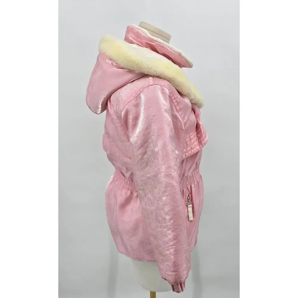 Vintage Y2K Copper Key Retro Cabincore Pink Shimmer Jacket with Faux‎ Fur Hood
